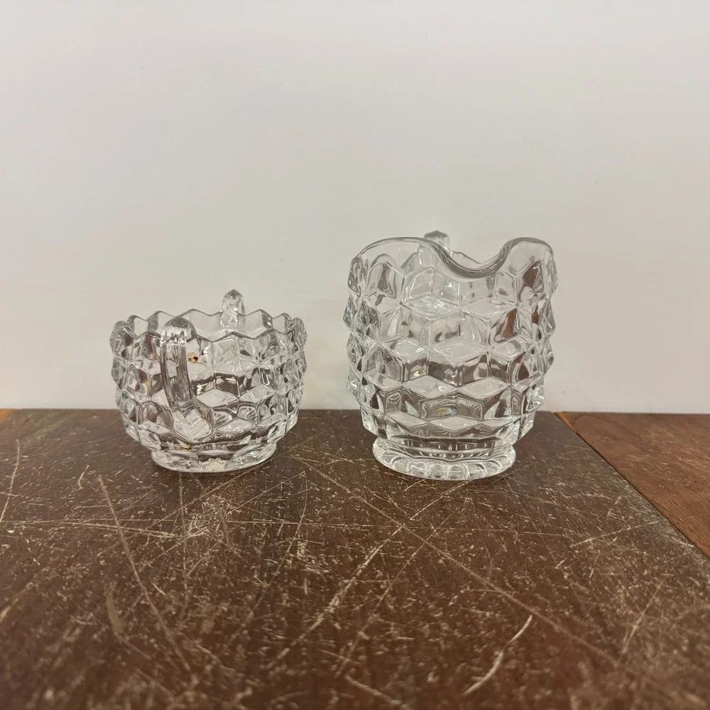 Vintage Clear‎ Glass Creamer & Sugar Set Cubist Pattern Serving Set